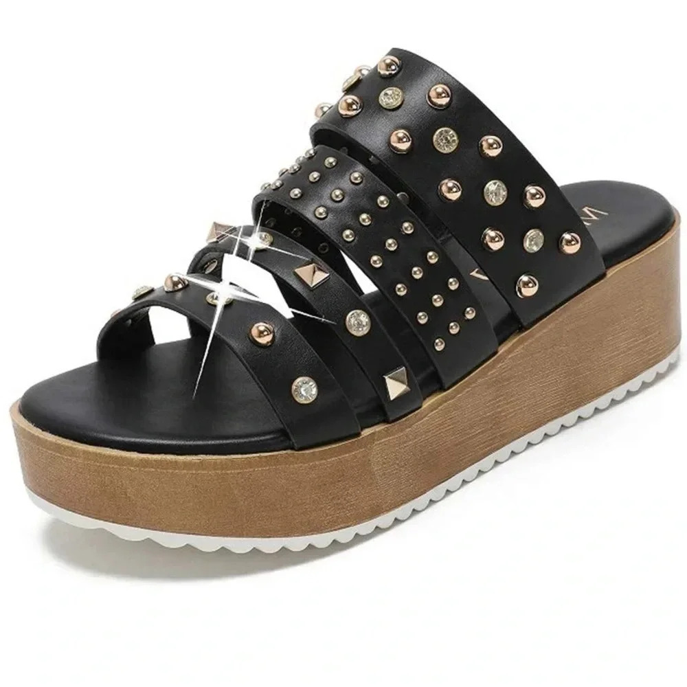 Mackin J Embellished Wedge Sandals Black Size 7 NEW